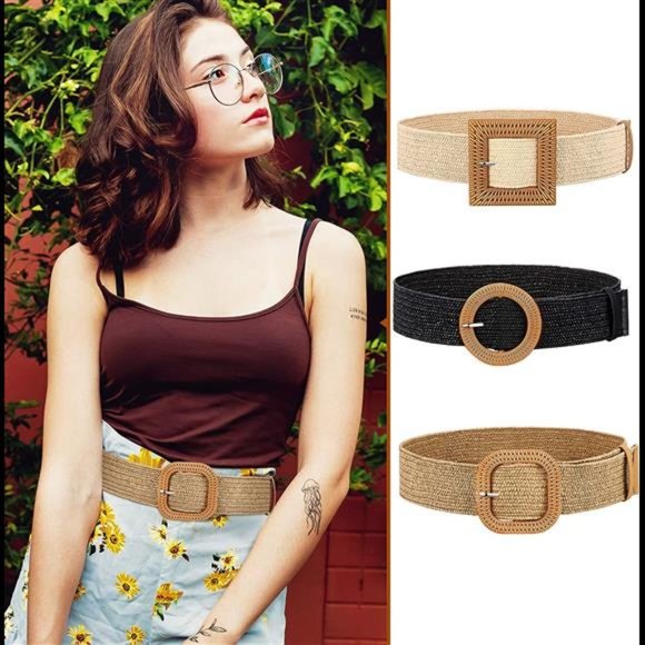 3 Pieces Straw Woven Elastic Waist Belt for Women Bohemian Dress Braided Belt main image 5